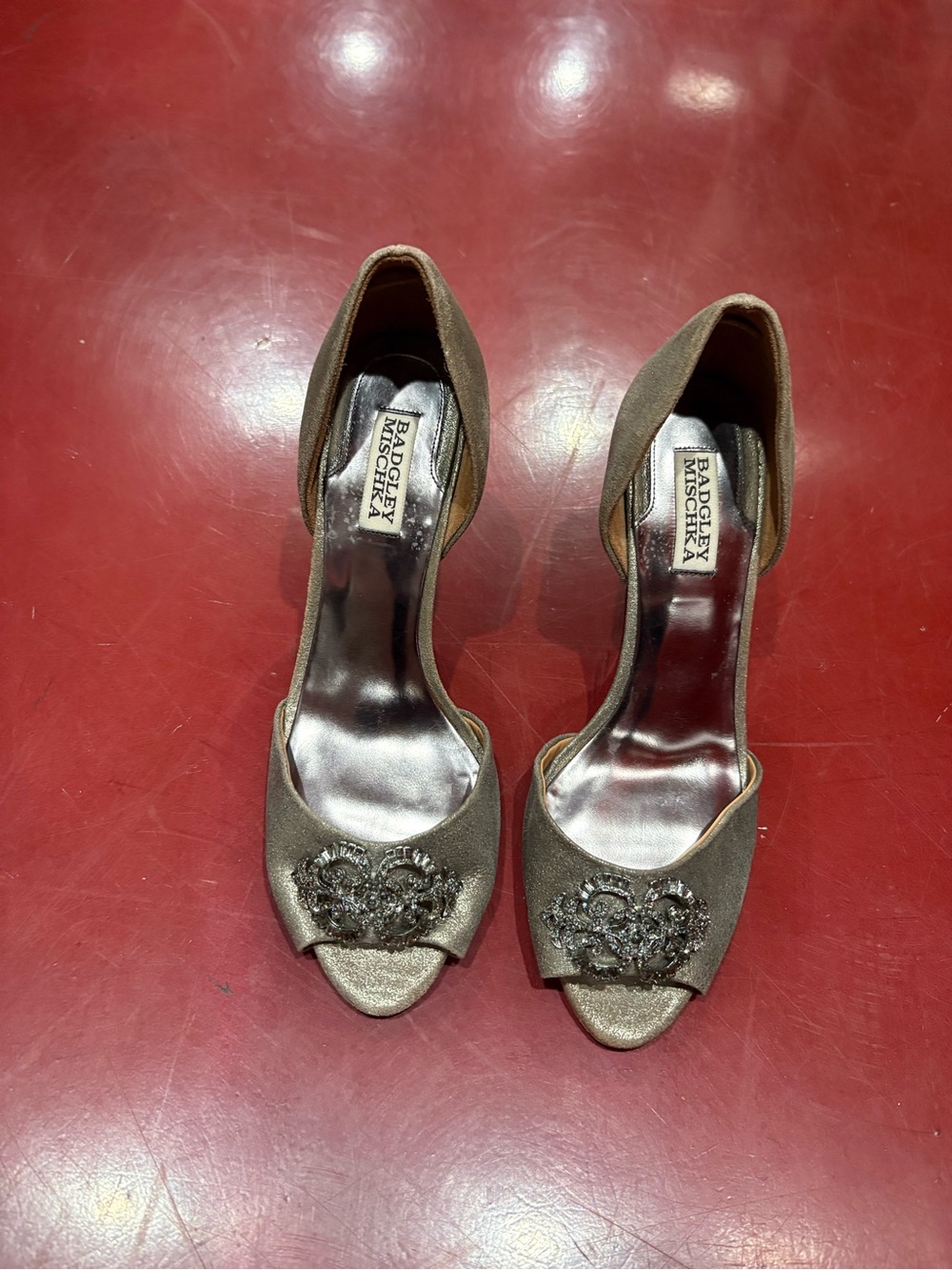 Badgley Mischka Metallic Silver Open-Toe Embellished Heels